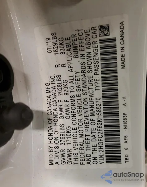 2019 Honda Civic Lx from USA, damaged, VIN 2HGFC2F62KH585270